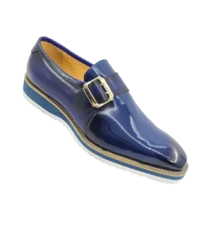 Carrucci Blue Patent Leather Luxury Loafer monkstrap Goldtone Buckle