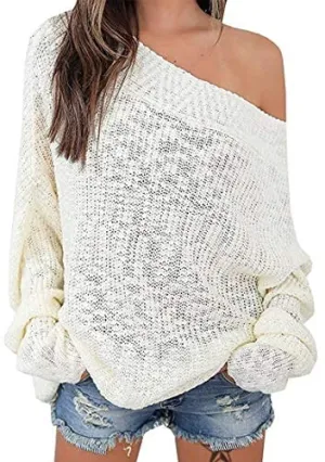 Exlura Women's Off Shoulder Batwing Sleeve Loose Oversized Pullover Sweater Knit Jumper