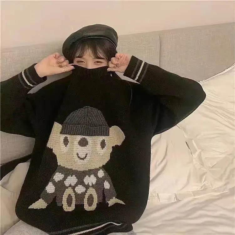 Joskaa Back To College Autumn and winter ladies new round neck cartoon color matching sweater female student college style loose wild knitted sweater