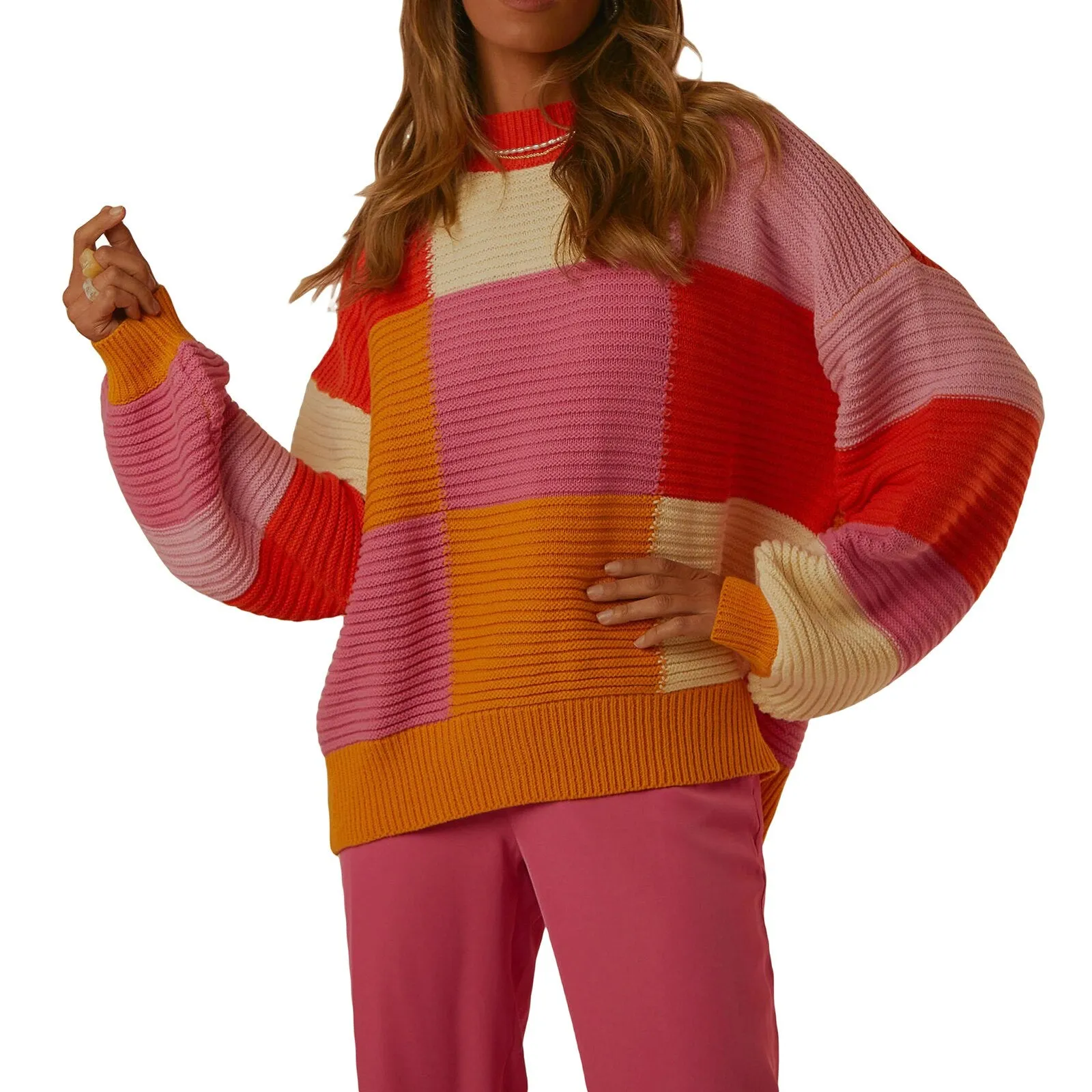 Joskaa Wsevypo Autumn Winter Patchwork Knitted Sweaters Women Casual Long Sleeve Round Neck Loose Pullover Tops Fashion Retro Jumpers