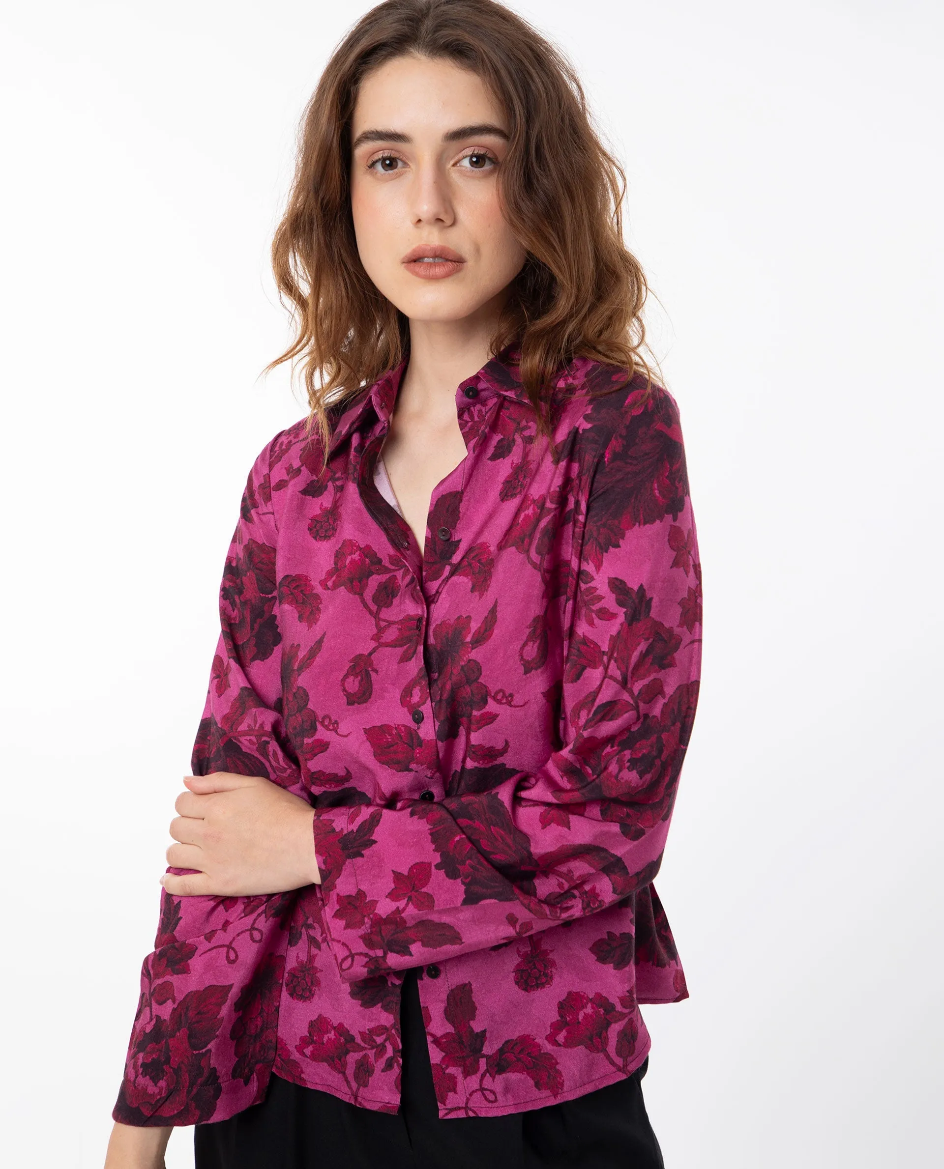 Rareism Women Esent Maroon Polyester Fabric Full Sleeves Button Closure Shirt Collar Relaxed Fit Floral Print Top