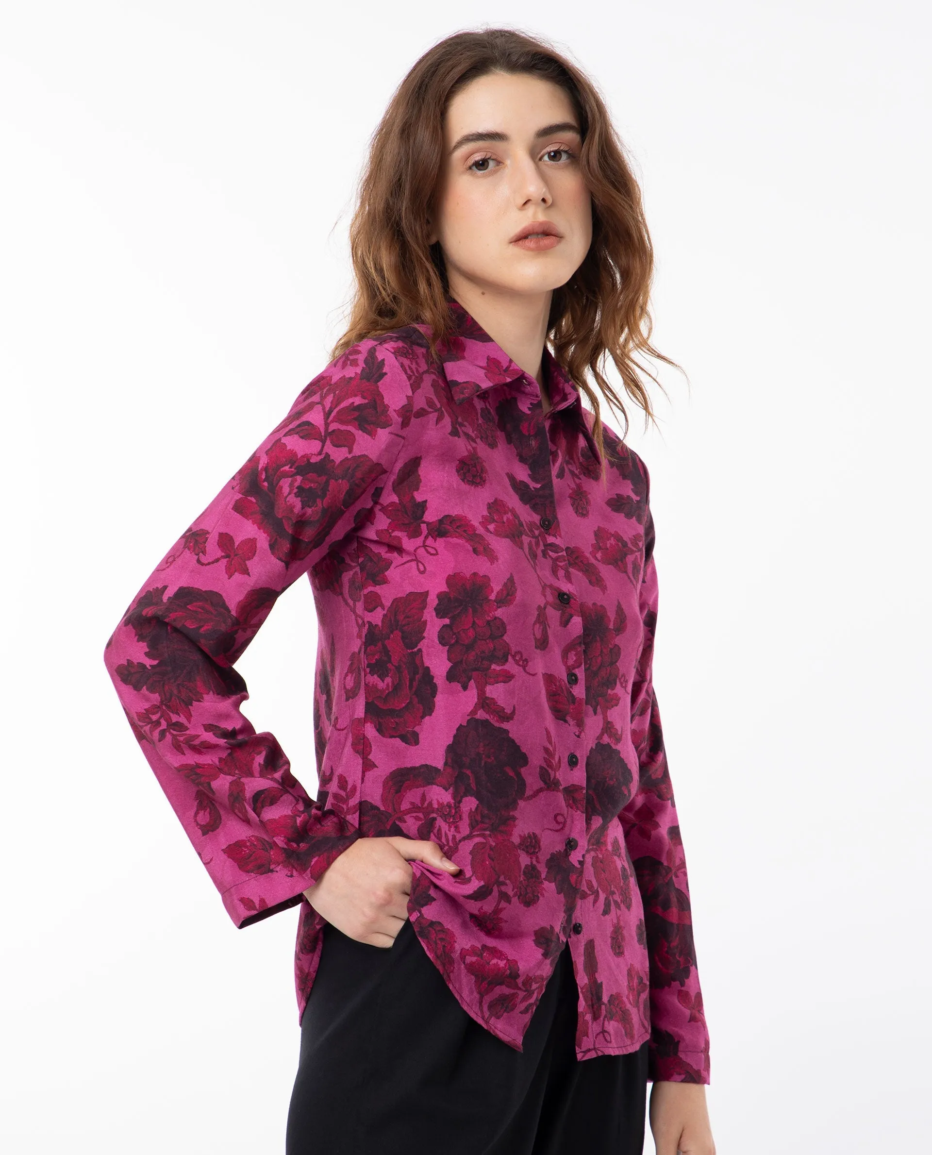 Rareism Women Esent Maroon Polyester Fabric Full Sleeves Button Closure Shirt Collar Relaxed Fit Floral Print Top
