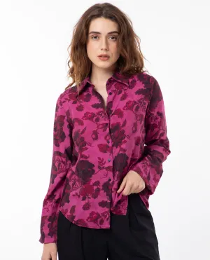 Rareism Women Esent Maroon Polyester Fabric Full Sleeves Button Closure Shirt Collar Relaxed Fit Floral Print Top