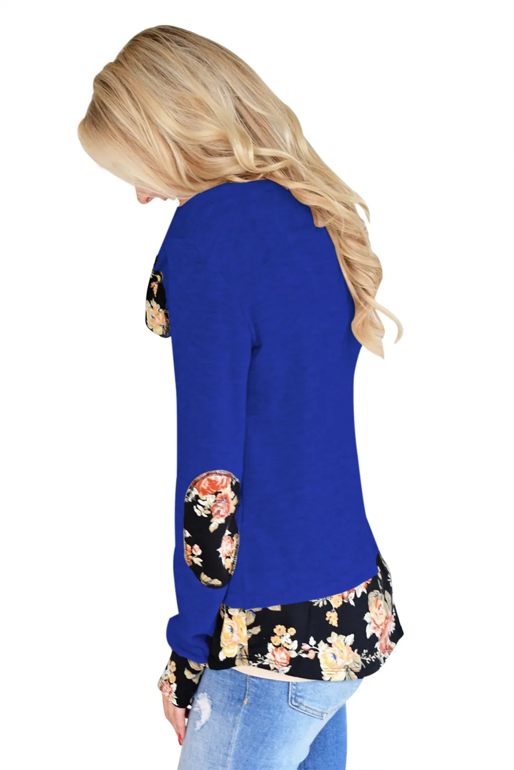 Sexy Dark Floral Patchwork Royal Blue Long Sleeve Shirt