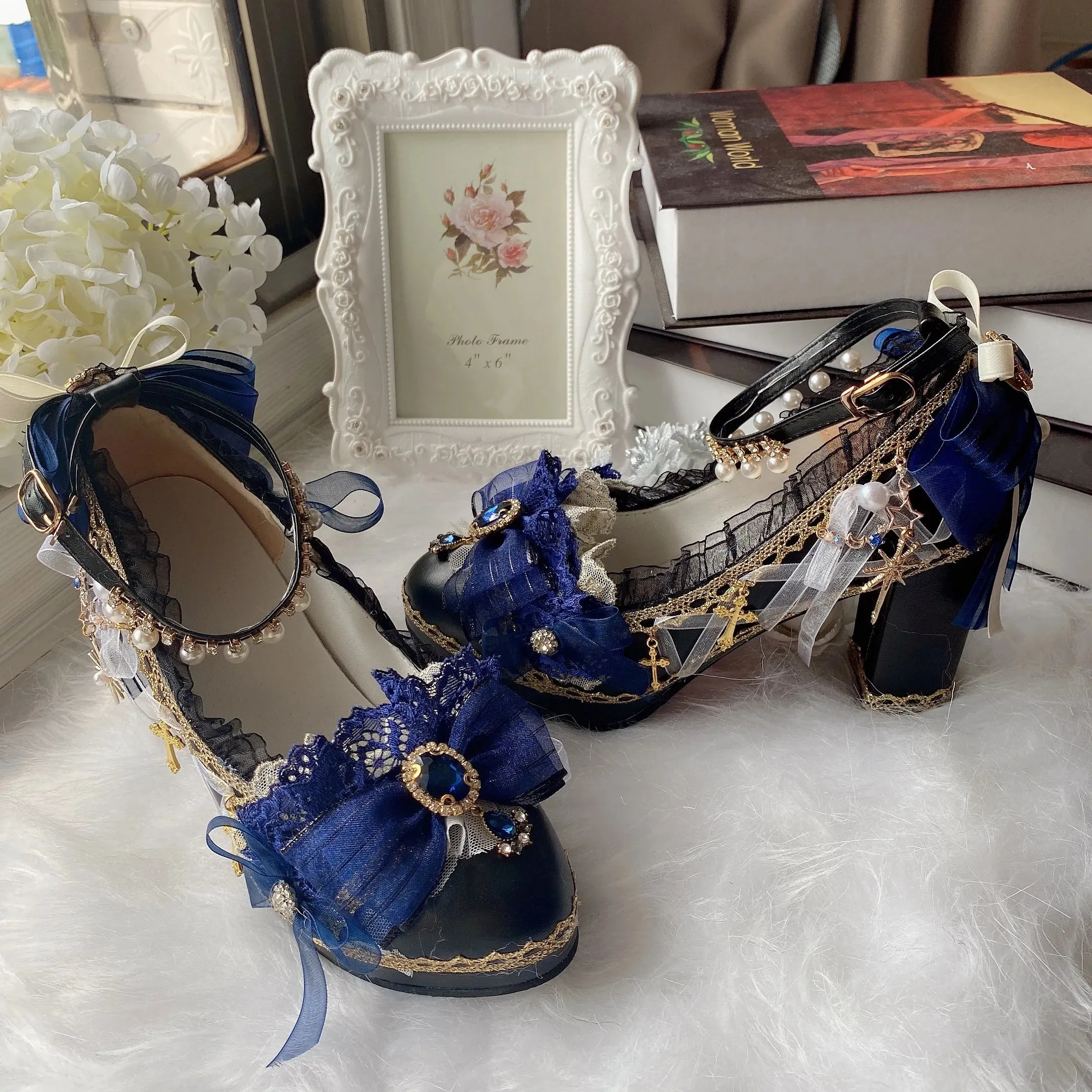 Sohiwoo Lolita Hand Made Flower Wedding Dress Shoes Flower Tea Party Black Thick High Heels 6cm Vintage Japanese Luxury Goth Shoes