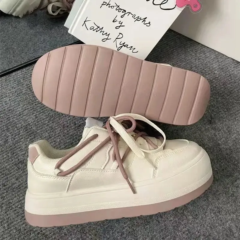 Sohiwoo Pink Platform Shoes Women's Sneakers Spring Casual Chunky Vintage White Canvas Flats Tennis Female