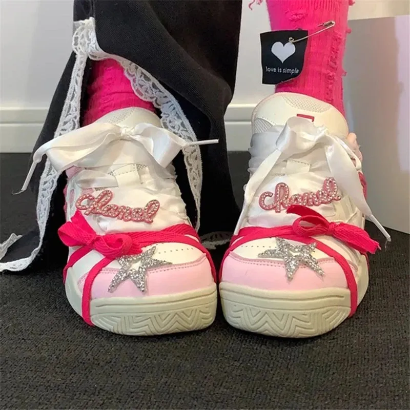 Sohiwoo Rhinestone Butterfly Knot Round Toe Thick Sole Women Sneakers Mixed Color Cross Tie Star Fashion Sweet Skateboard Female Shoes