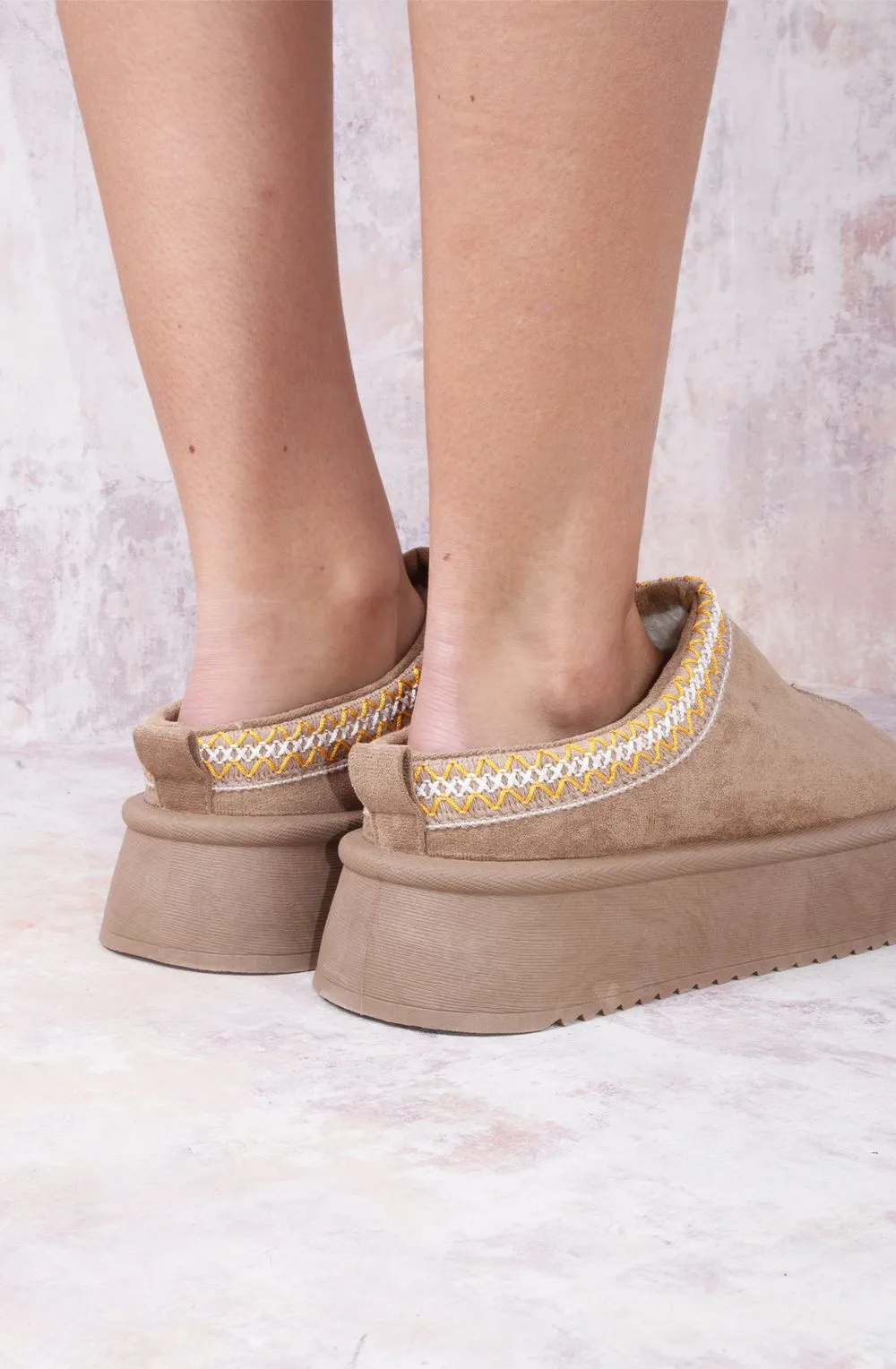 Vanilla Suede Embroidered Chunky Platform Slippers Shoes - Taupe