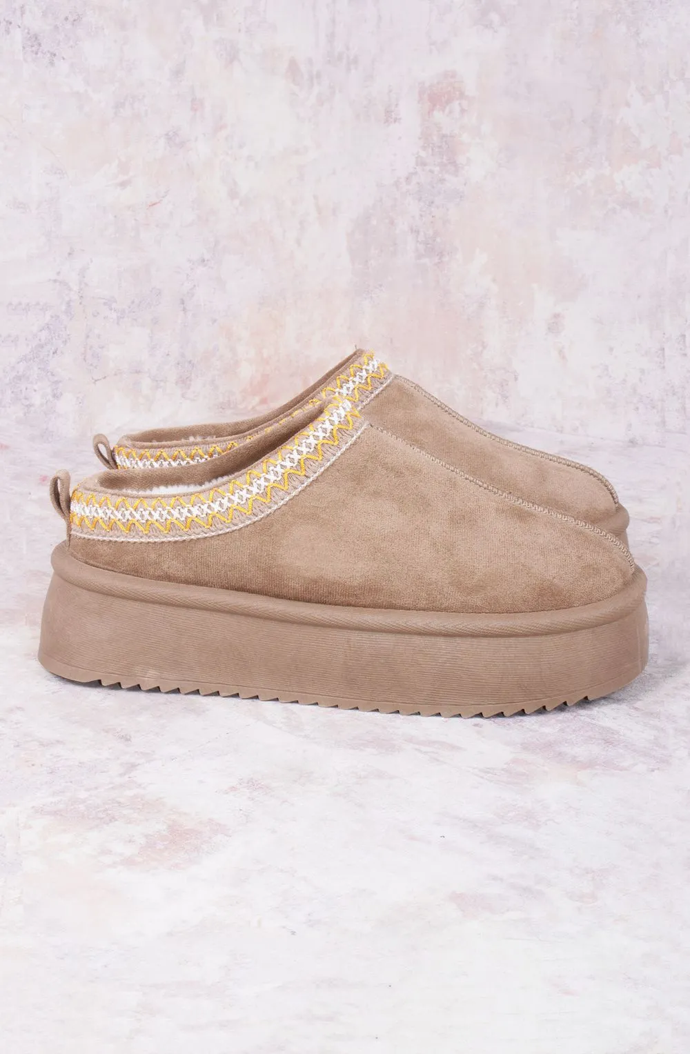 Vanilla Suede Embroidered Chunky Platform Slippers Shoes - Taupe