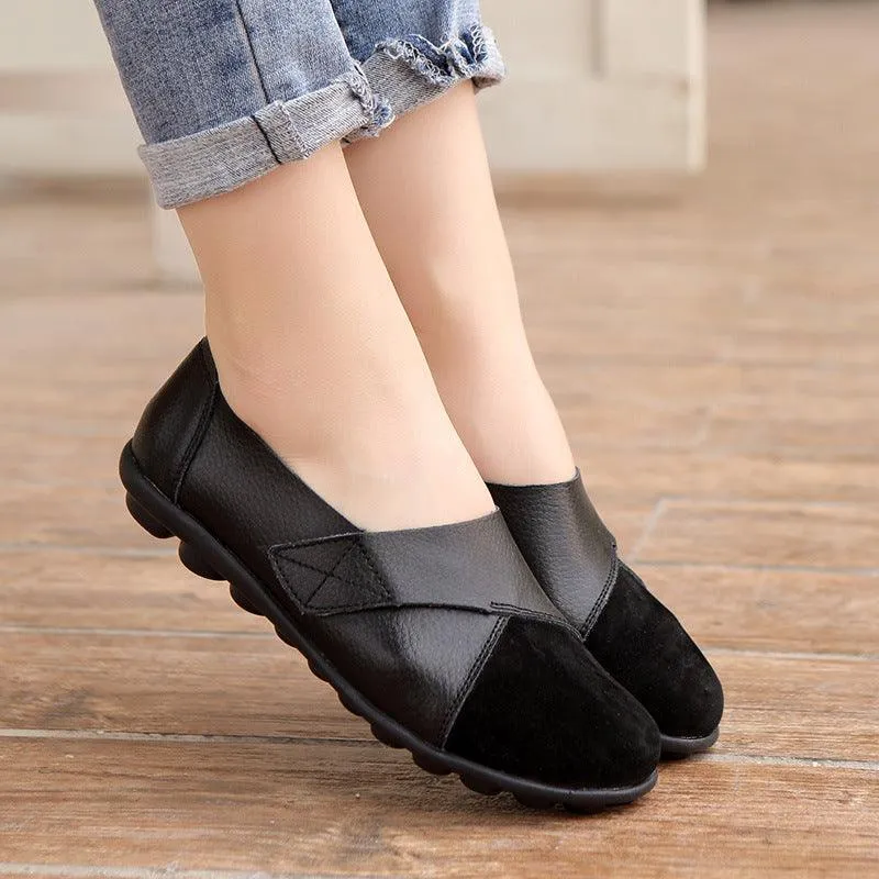 Women’s Patchwork Leather Loafers – Soft Sole Flat Shoes