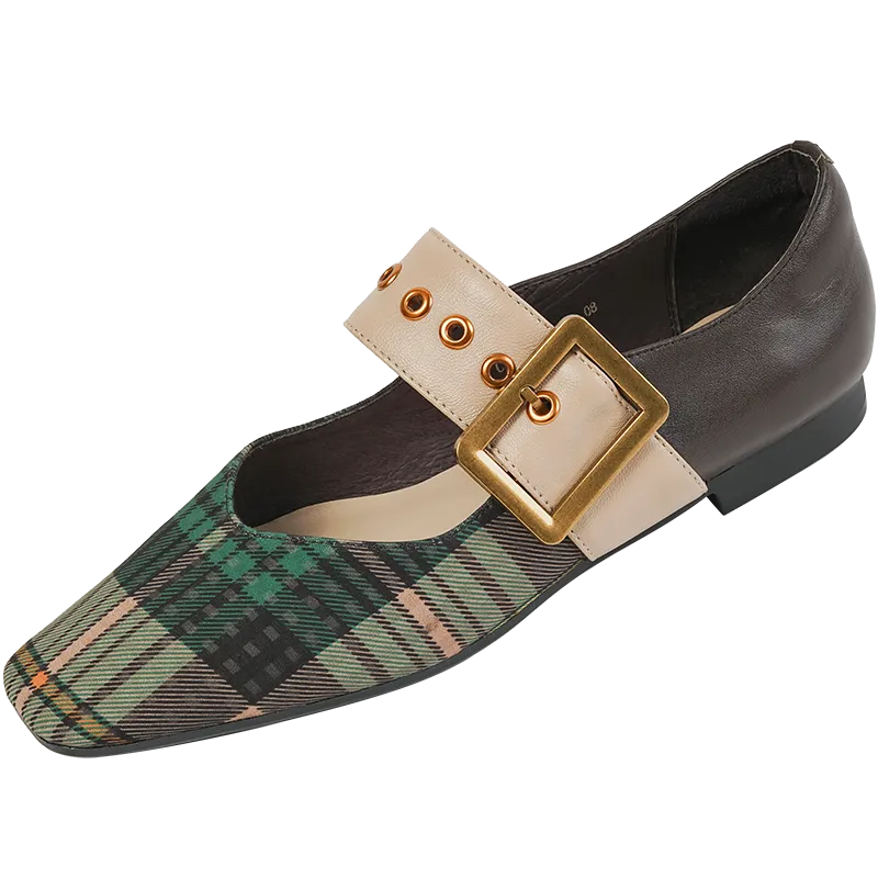 xiangtuibao Square Toe Women Flats With Buckle Women Mules Slip On Moccasins Ladies Gingham Flat Shoes Patchwork Loafers Chaussures Femme