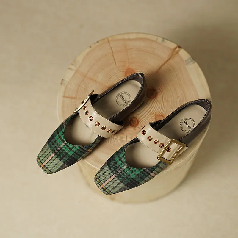 xiangtuibao Square Toe Women Flats With Buckle Women Mules Slip On Moccasins Ladies Gingham Flat Shoes Patchwork Loafers Chaussures Femme